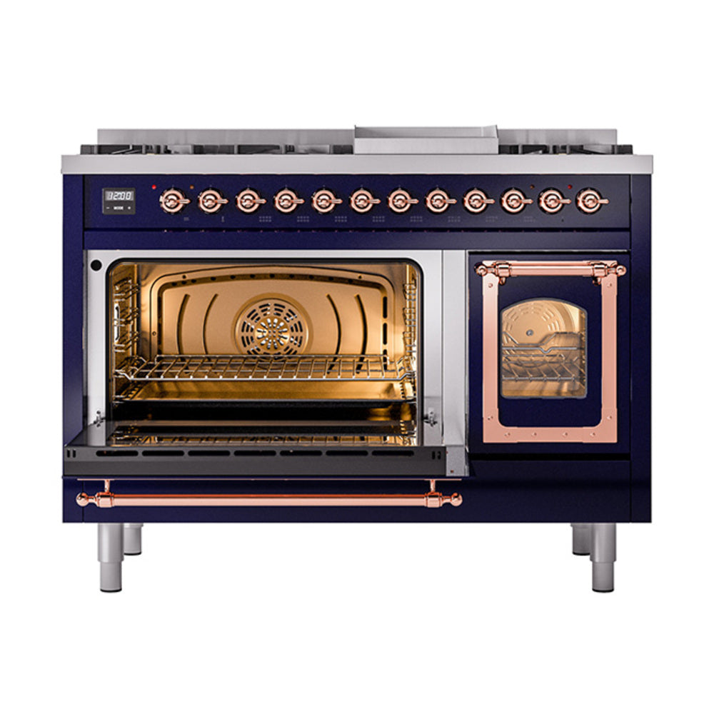 Midnight blue dual fuel range with copper-trimmed oven doors and interior oven racks visible.