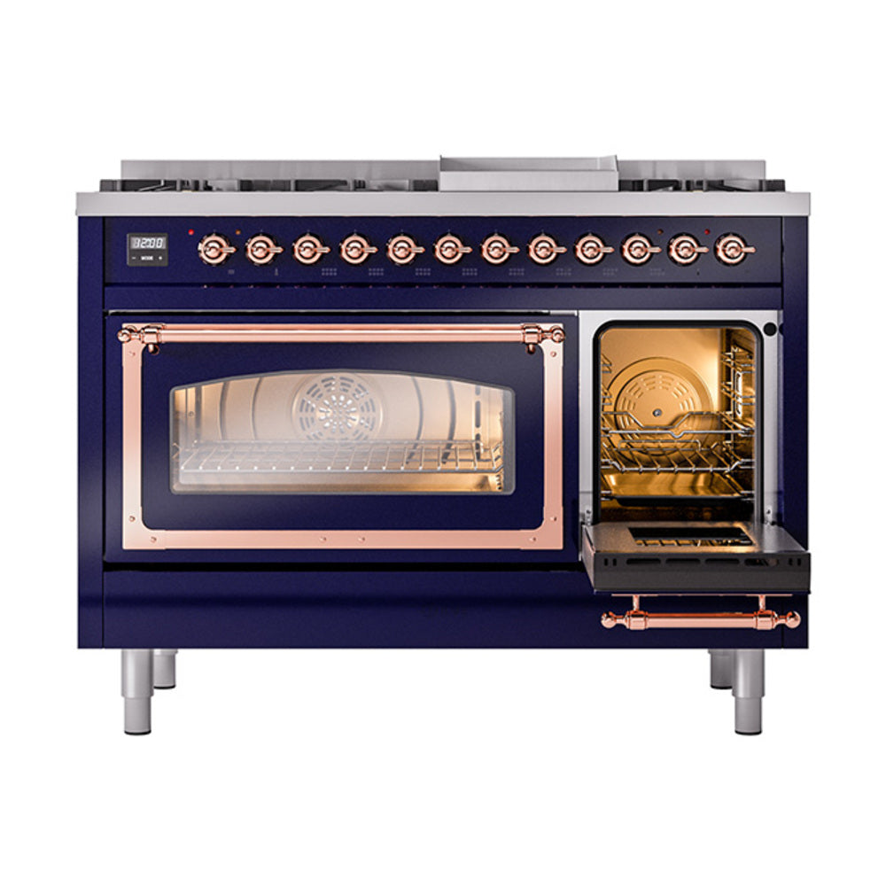 Midnight blue dual fuel range with copper trim and open storage drawer under the oven.