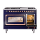 ILVE Nostalgie II Noblesse 48-Inch Freestanding Natural Gas Dual Fuel Range in Midnight Blue with Copper Trim (UN48FNMPMBP)