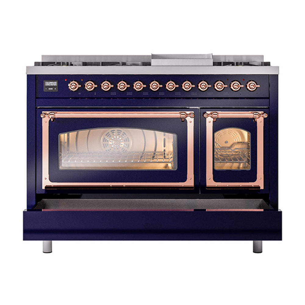 Freestanding midnight blue range with copper trim; oven doors open with glowing interiors.