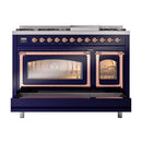 ILVE Nostalgie II Noblesse 48-Inch Freestanding Natural Gas Dual Fuel Range in Midnight Blue with Copper Trim (UN48FNMPMBP)