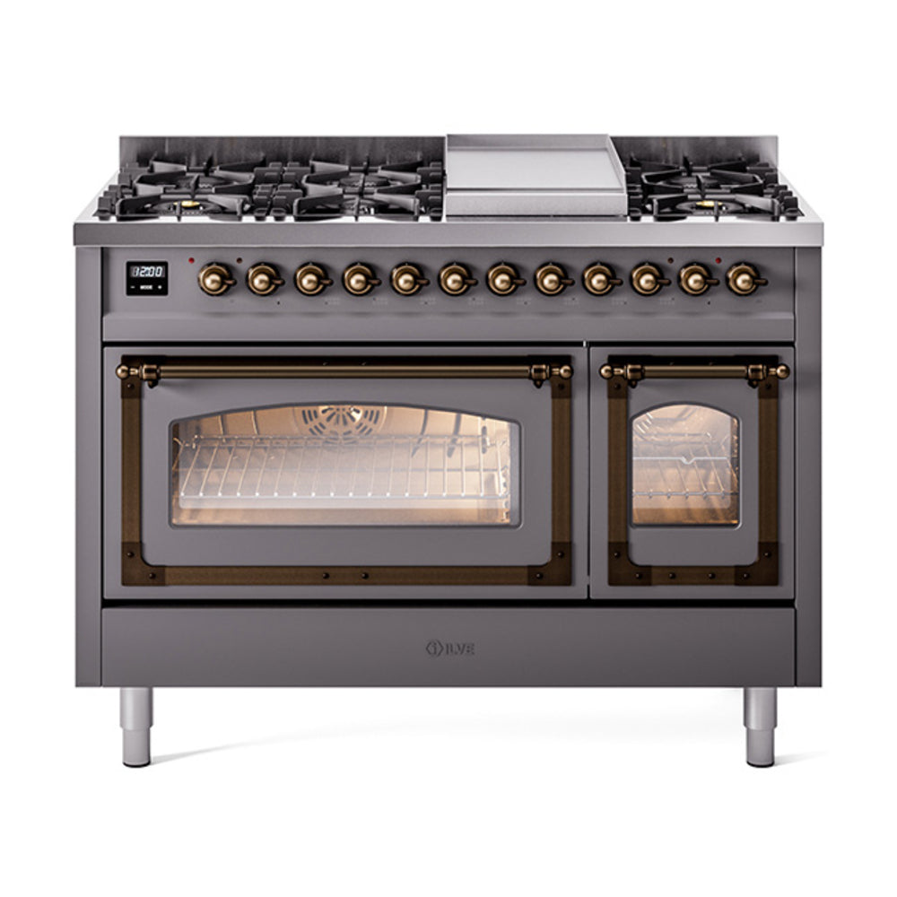 Matte graphite freestanding dual fuel range with bronze-trim knobs and dual ovens