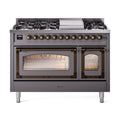 ILVE Nostalgie II Noblesse 48-Inch Freestanding Natural Gas Dual Fuel Range in Matte Graphite with Burnished Bronze Trim (UN48FNMPMGB)