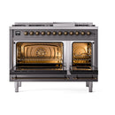 ILVE Nostalgie II Noblesse 48-Inch Freestanding Natural Gas Dual Fuel Range in Matte Graphite with Bronze Trim (UN48FNMPMGB)