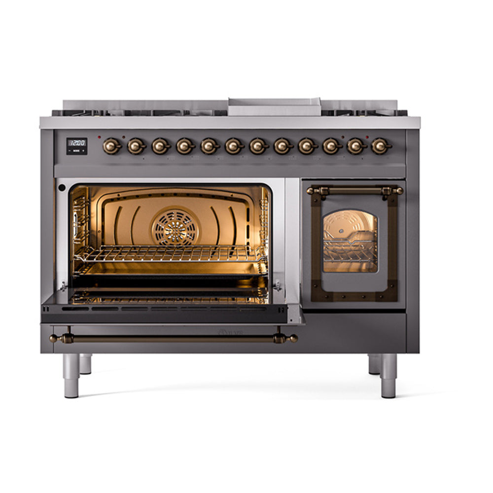 Matte graphite dual fuel range with one oven open, bronze trim, illuminated interior racks