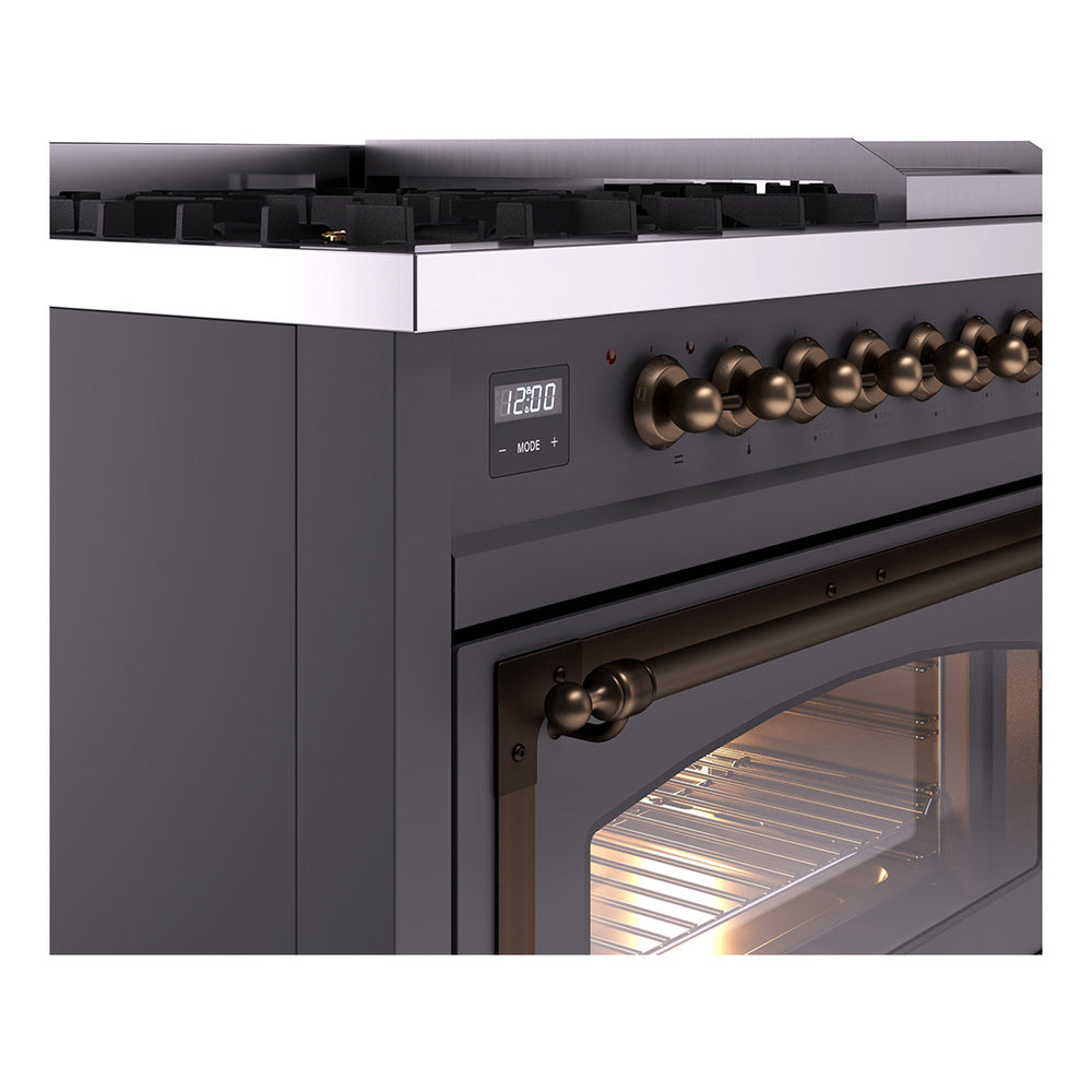 Matte graphite dual fuel range side view with bronze control knobs and oven door handle