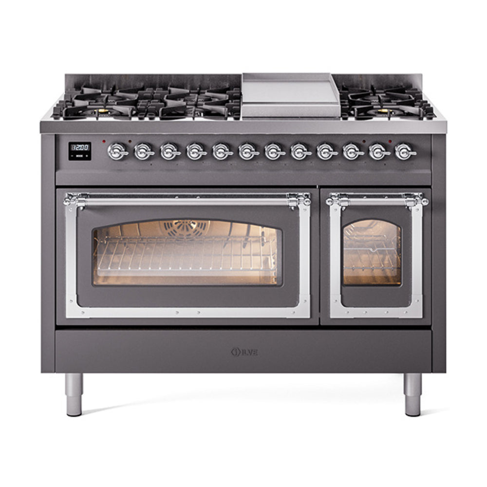 Freestanding gas range with dual ovens, matte graphite body and chrome-trimmed doors