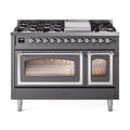 ILVE Nostalgie II Noblesse 48-Inch Freestanding Natural Gas Dual Fuel Range in Matte Graphite with Chrome Trim (UN48FNMPMGC)