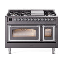 ILVE Nostalgie II Noblesse 48-Inch Freestanding Natural Gas Dual Fuel Range in Matte Graphite with Chrome Trim (UN48FNMPMGC)