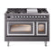ILVE Nostalgie II Noblesse 48-Inch Freestanding Natural Gas Dual Fuel Range in Matte Graphite with Chrome Trim (UN48FNMPMGC)