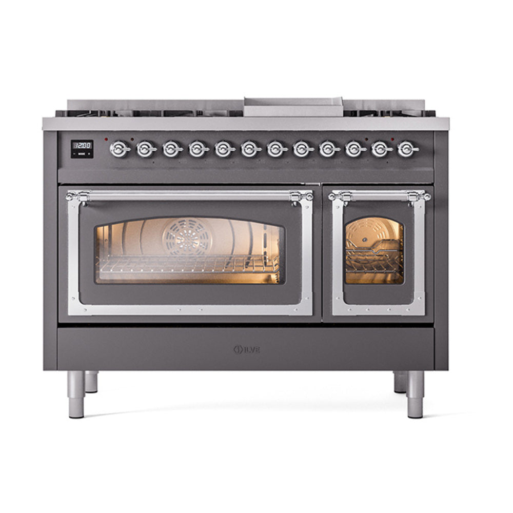 Freestanding gas range, matte graphite with dual open ovens and chrome handles