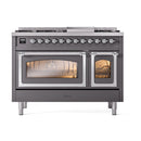 ILVE Nostalgie II Noblesse 48-Inch Freestanding Natural Gas Dual Fuel Range in Matte Graphite with Chrome Trim (UN48FNMPMGC)