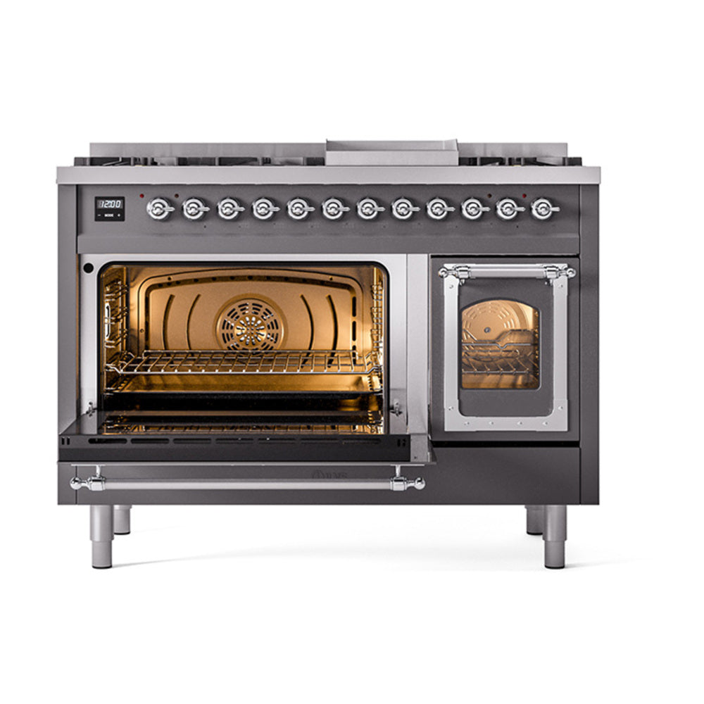 Matte graphite dual fuel range with left oven open and lit bake cavity behind glass