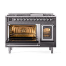 ILVE Nostalgie II Noblesse 48-Inch Freestanding Natural Gas Dual Fuel Range in Matte Graphite with Chrome Trim (UN48FNMPMGC)