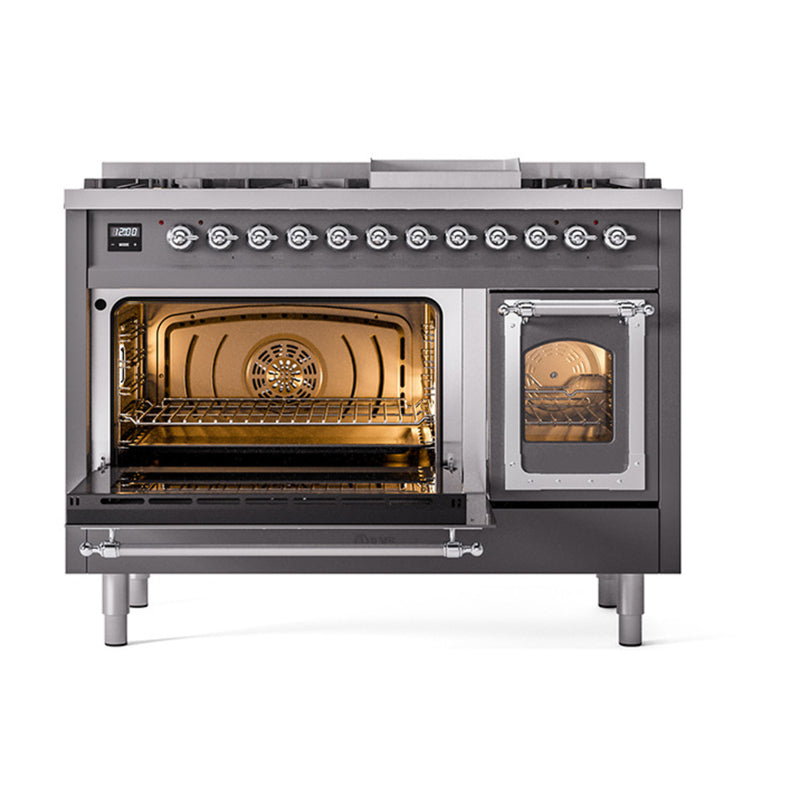 ILVE Nostalgie II Noblesse 48-Inch Dual Fuel Freestanding Range in Matte Graphite with Chrome Trim (UN48FNMPMGC)