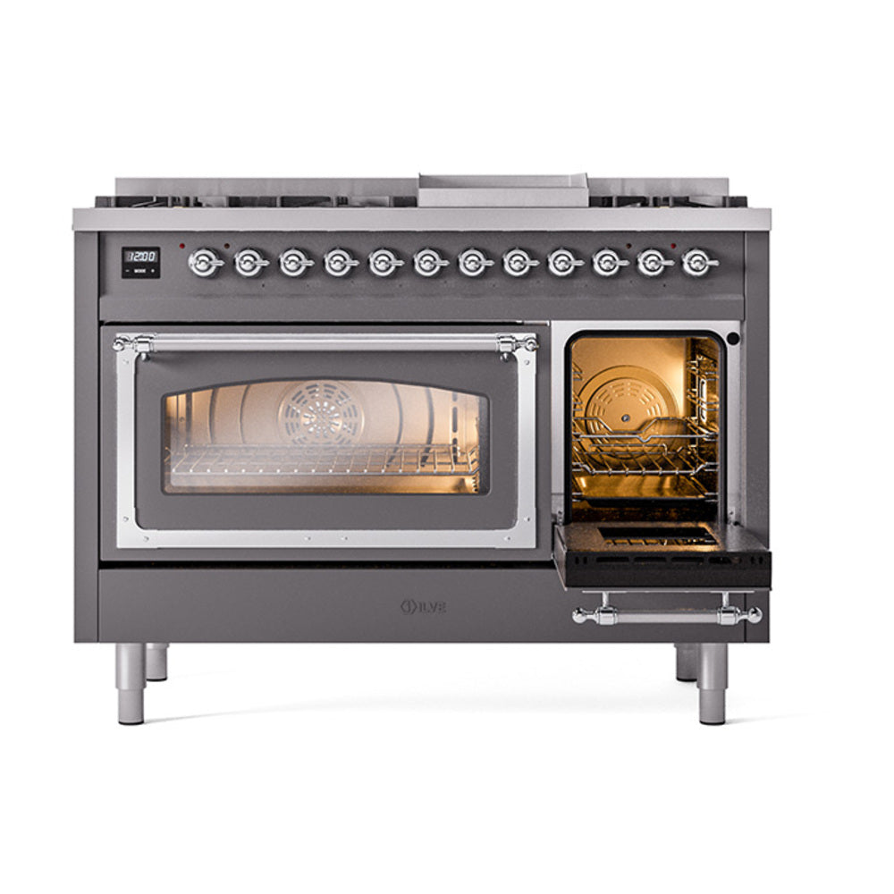 Matte graphite dual fuel range with right oven open, lit interior and chrome door frame