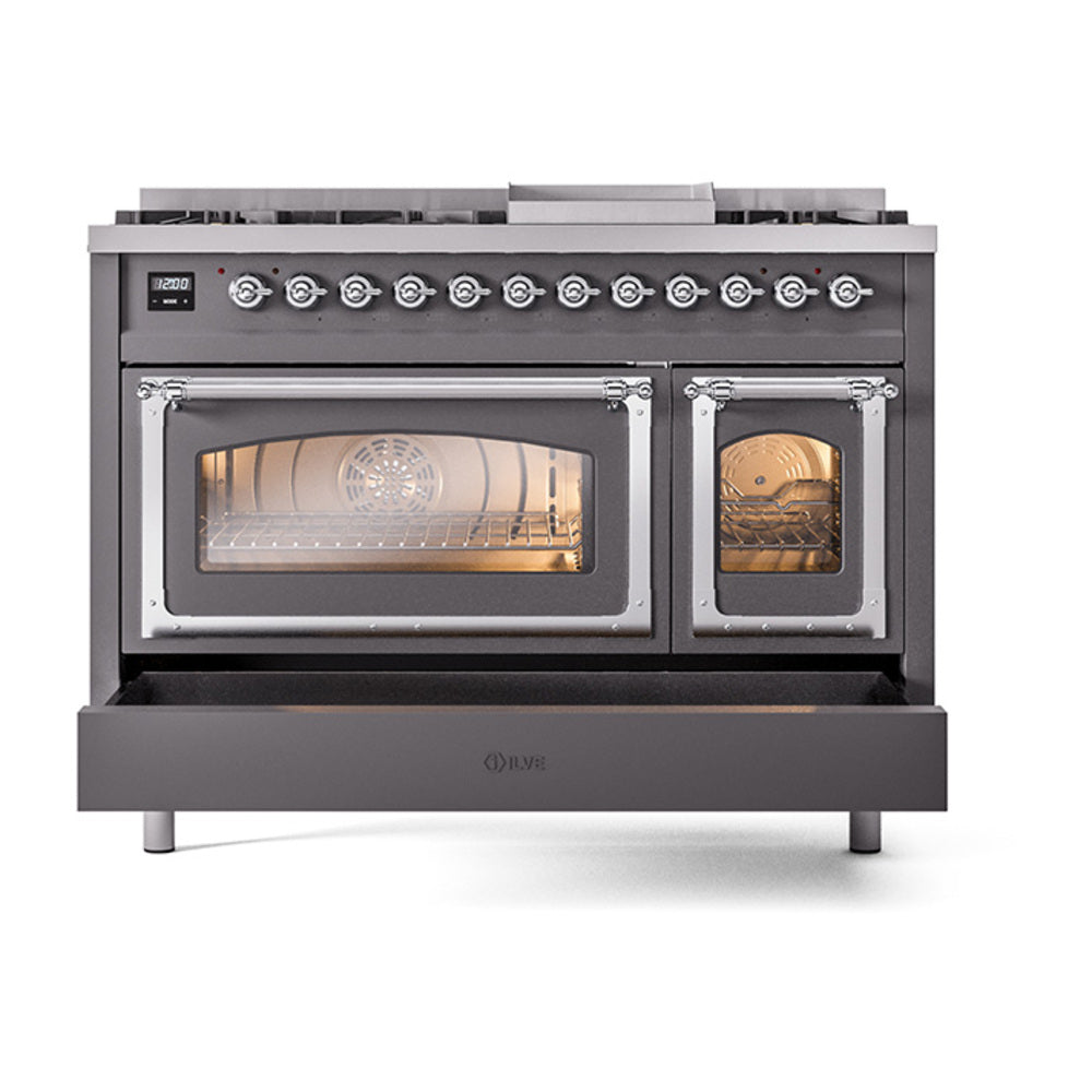 Freestanding gas range with both oven windows lit, matte graphite front and chrome trim