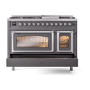 ILVE Nostalgie II Noblesse 48-Inch Freestanding Natural Gas Dual Fuel Range in Matte Graphite with Chrome Trim (UN48FNMPMGC)