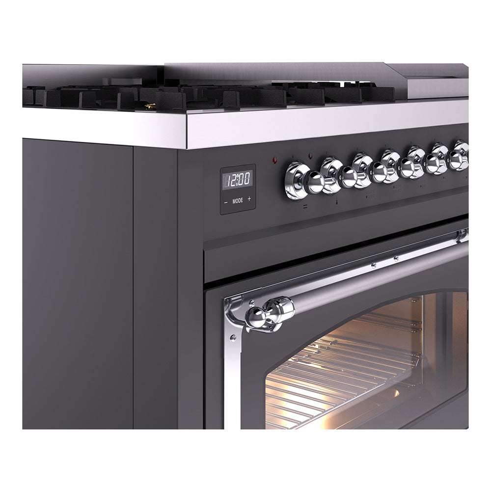 Freestanding gas range control panel with chrome knobs and open oven door