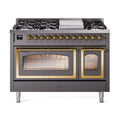 ILVE Nostalgie II Noblesse 48-Inch Freestanding Natural Gas Dual Fuel Range in Matte Graphite with Brass Trim (UN48FNMPMGG)