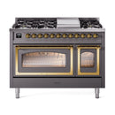 ILVE Nostalgie II Noblesse 48-Inch Freestanding Natural Gas Dual Fuel Range in Matte Graphite with Brass Trim (UN48FNMPMGG)