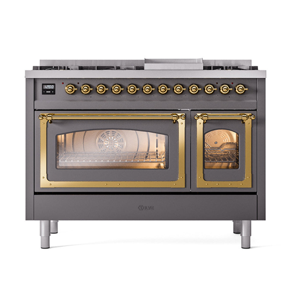 Matte graphite dual fuel freestanding range with brass-trim oven doors, front view