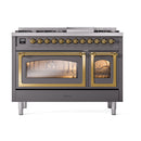 ILVE Nostalgie II Noblesse 48-Inch Dual Fuel Freestanding Range in Matte Graphite with Brass Trim (UN48FNMPMGGLP)