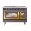 ILVE Nostalgie II Noblesse 48-Inch Freestanding Natural Gas Dual Fuel Range in Matte Graphite with Brass Trim (UN48FNMPMGG)
