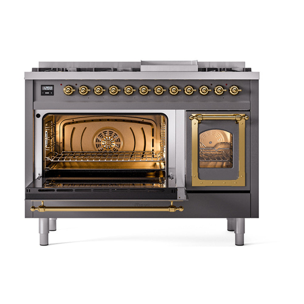 Matte graphite dual fuel range with open ovens and brass trim, front 3/4 view