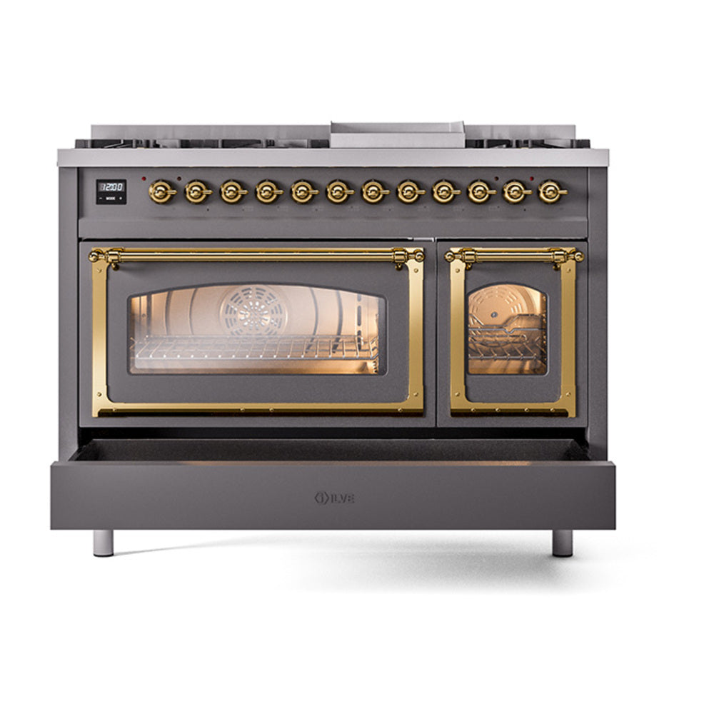 Matte graphite dual fuel range with both oven doors open, brass trim detail