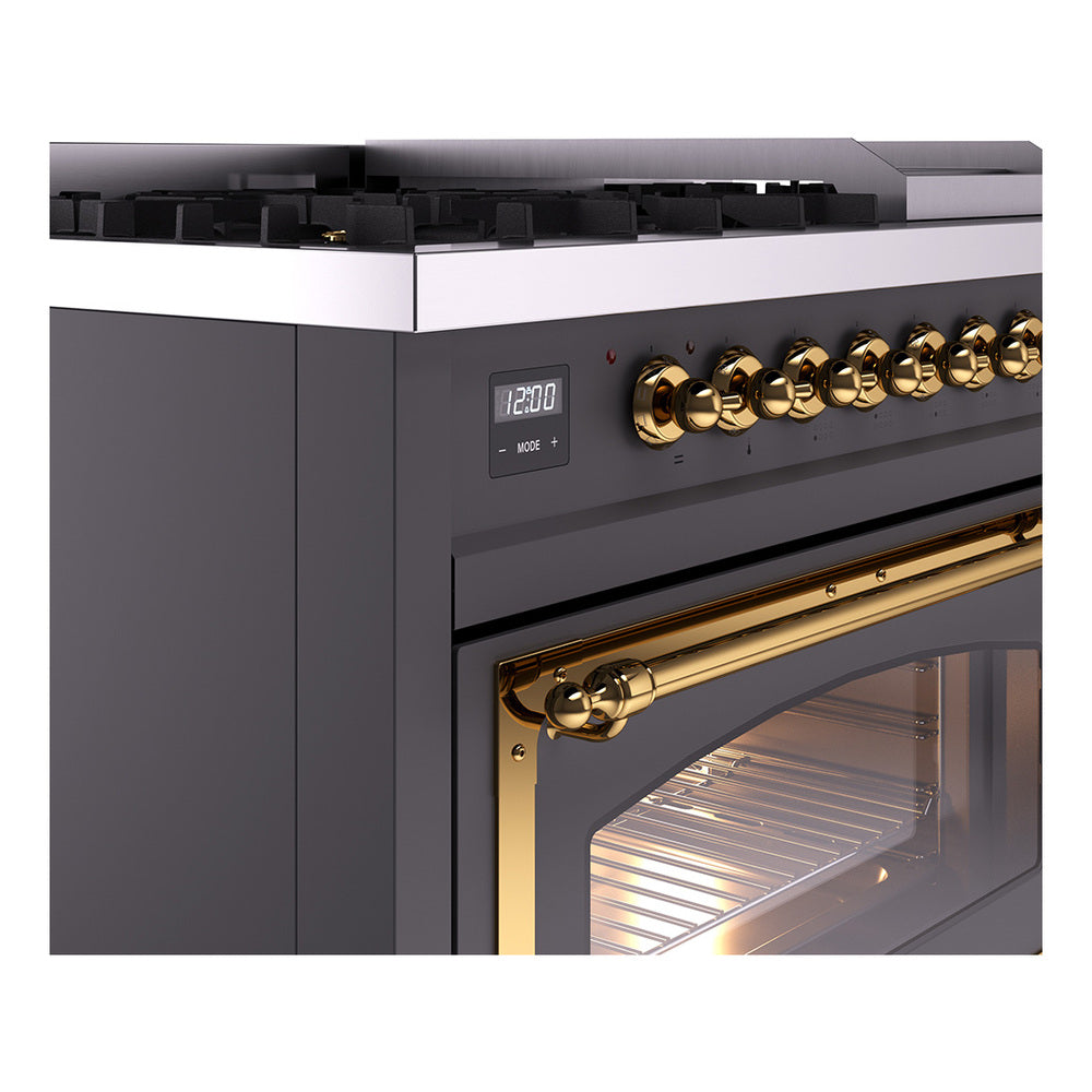 Matte graphite dual fuel range control panel with brass knobs and open oven window