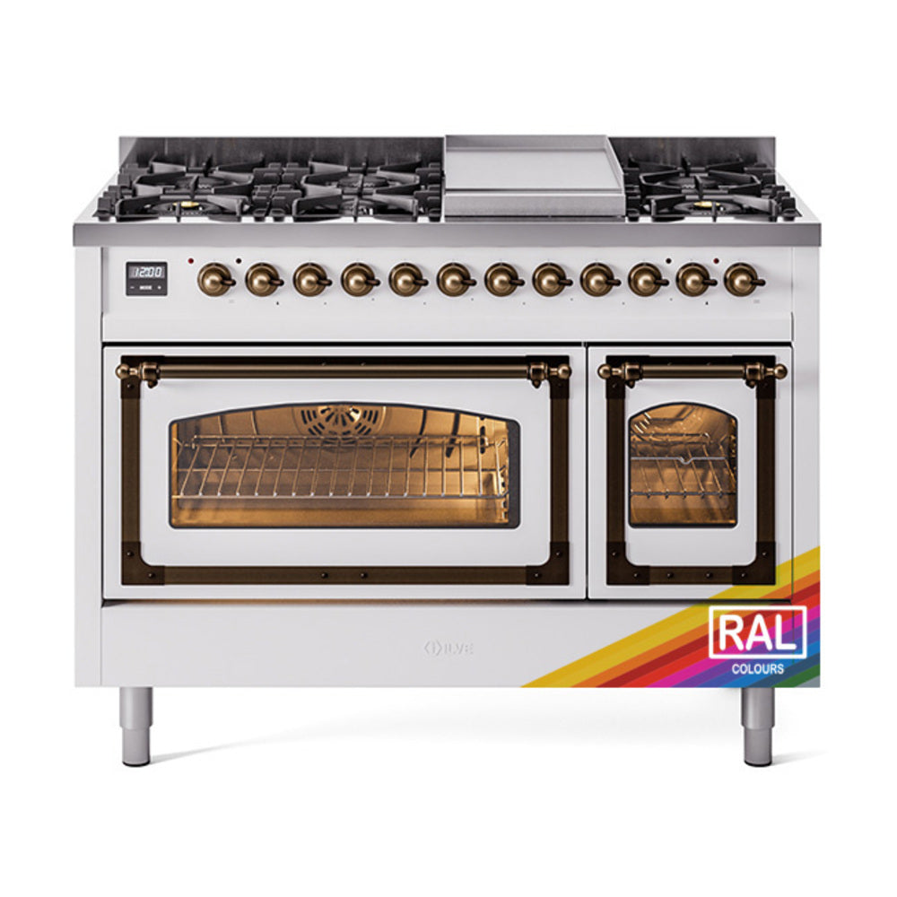 Freestanding dual fuel range with open ovens and RAL colors badge on the front panel