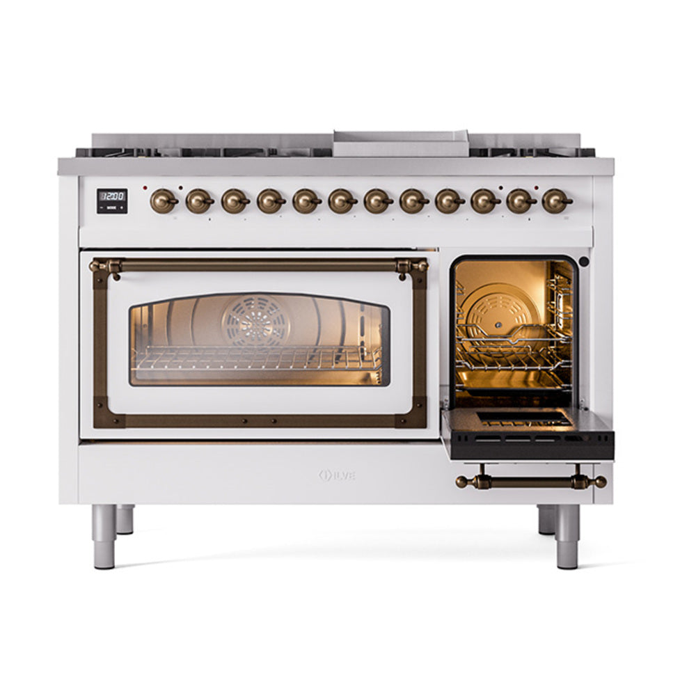 Freestanding dual fuel range with main oven closed and side oven open, bronze handles