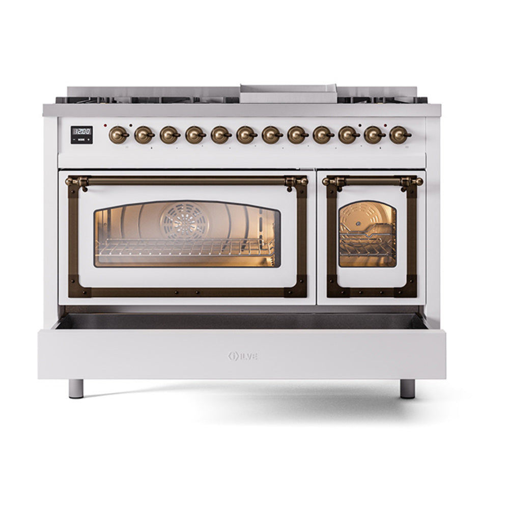 Freestanding dual fuel range with both oven doors open, white body and bronze hardware