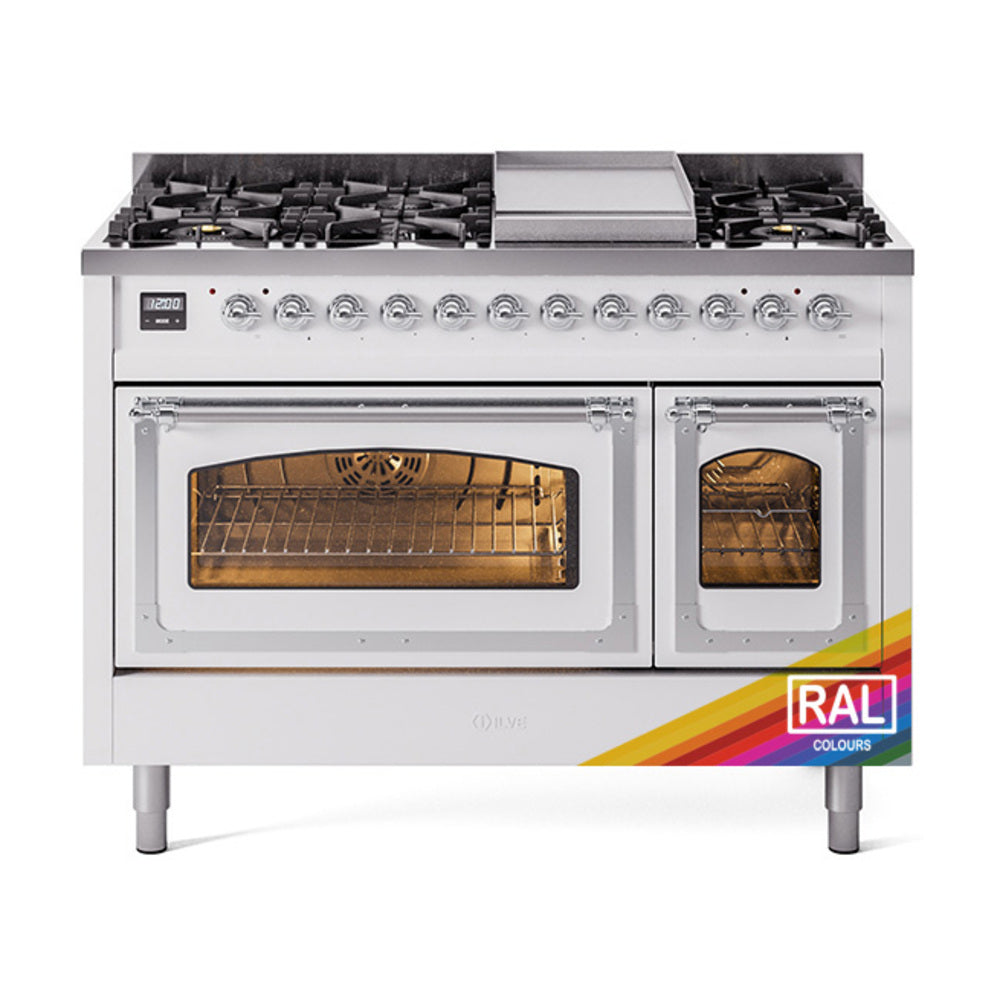 Freestanding dual fuel range with two lit ovens and six gas burners on top
