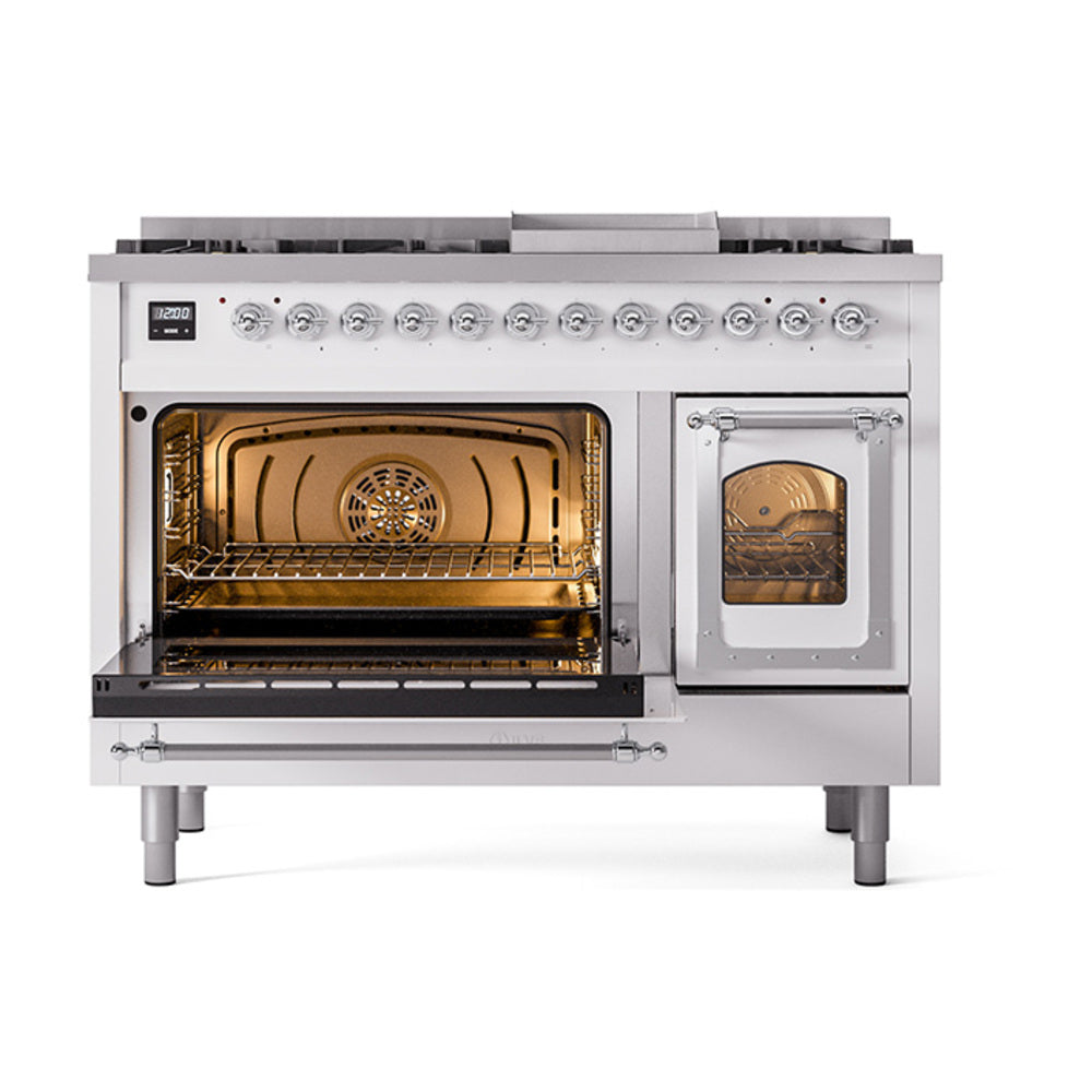 ILVE freestanding dual fuel range with open dual ovens and chrome control panel; white body