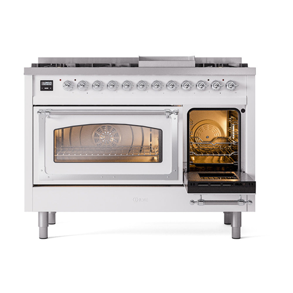 Freestanding dual fuel range front view with left oven window lit and right oven lit