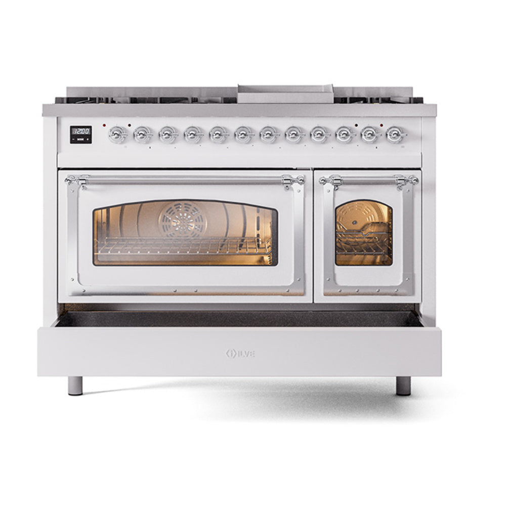 ILVE freestanding dual fuel range with both oven doors open and lit interior, white finish