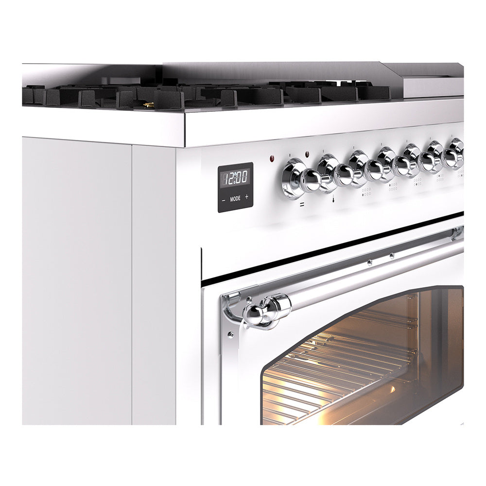Freestanding dual fuel range side view with chrome handle and lit oven interior