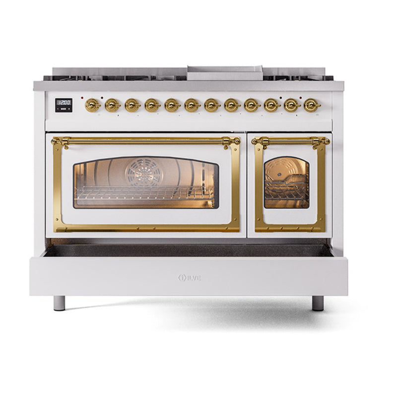 ILVE Nostalgie II Noblesse 48-Inch Dual Fuel Freestanding Range in RAL with Brass Trim (UN48FNMPRAG)