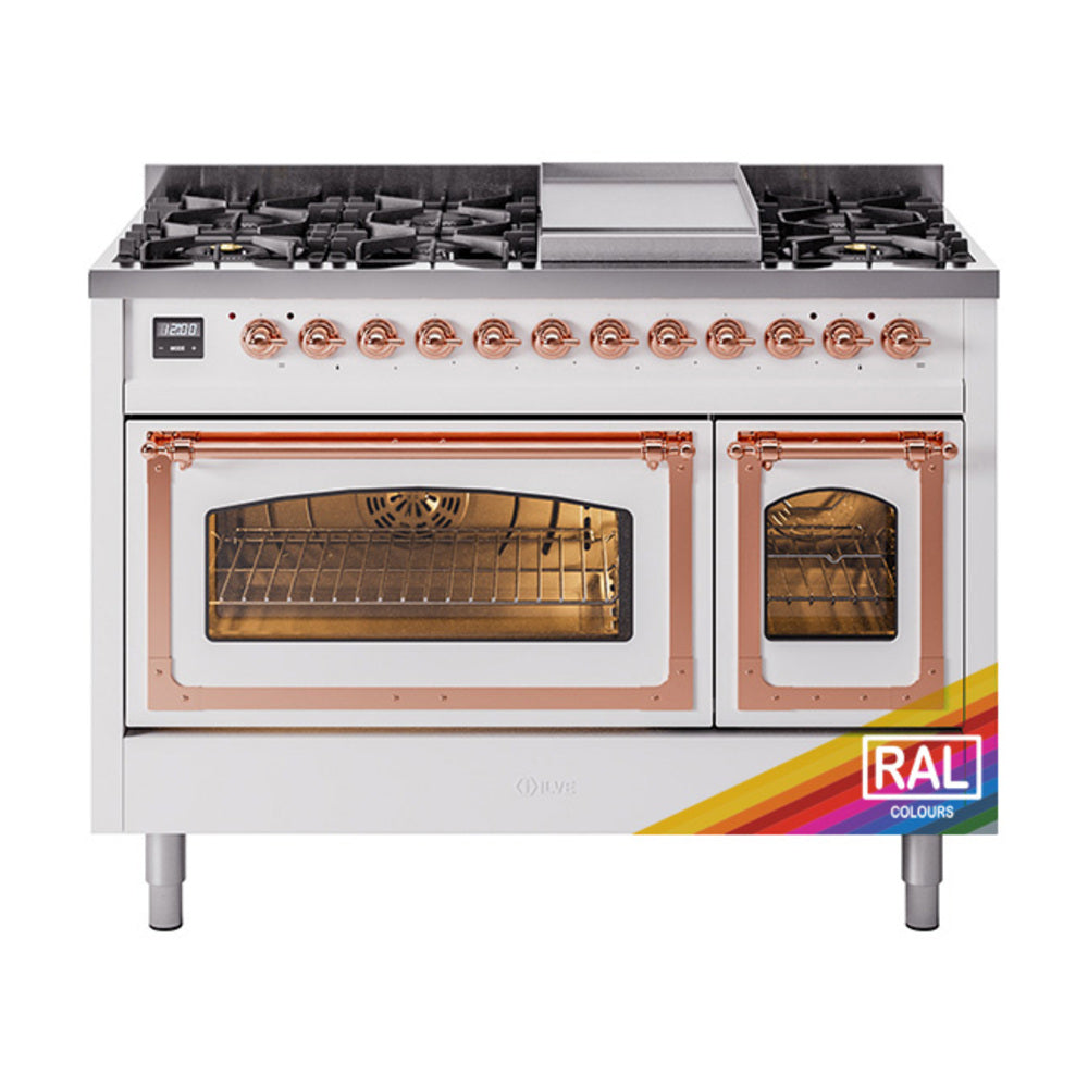 ILVE dual fuel gas freestanding range with copper trim, burner grates, and open doors