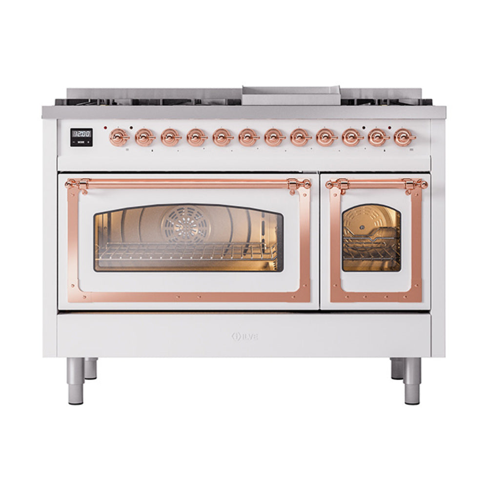 Freestanding dual fuel gas range with copper trim, twin oven openings, and burner control knobs
