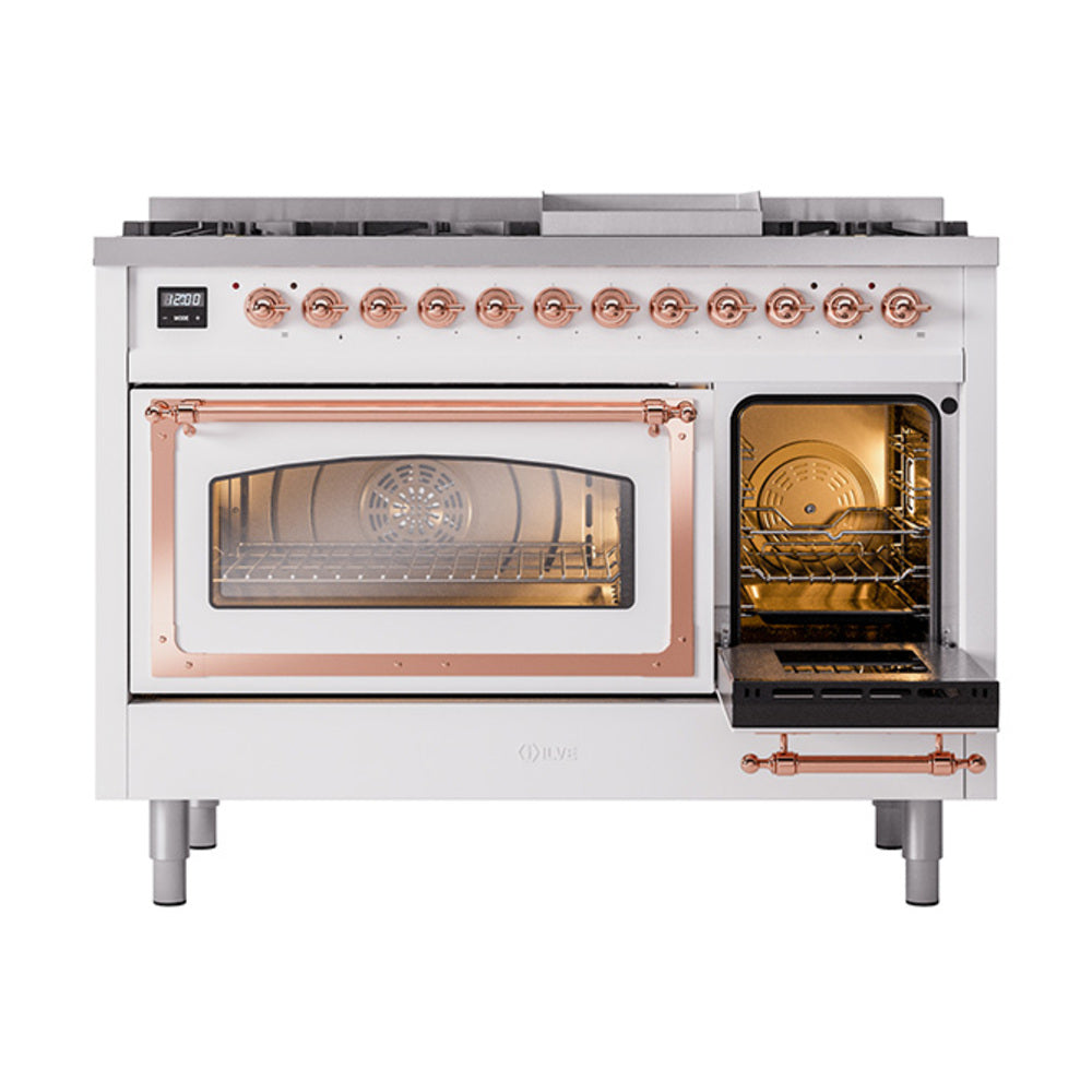 Freestanding dual fuel range with left oven window and right oven interior
