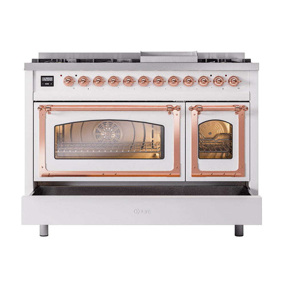Freestanding dual fuel range with both oven doors closed and copper-trimmed windows