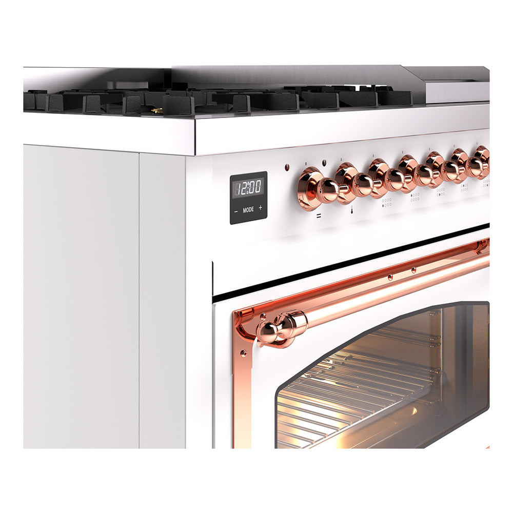 Freestanding dual fuel range control knobs and copper handle with lit oven interior