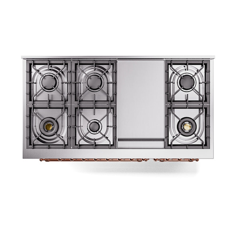 Freestanding dual fuel range top view with four burners and grates