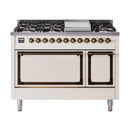 ILVE Nostalgie II Noblesse 48-Inch Dual Fuel Freestanding Range with Solid Door Oven in Antique White with Bronze Trim (UN48FQNMPAWBLP)
