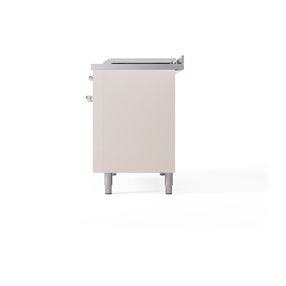 Antique white freestanding dual-fuel range side view with solid door panel and legs