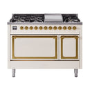 ILVE Nostalgie II Noblesse 48-Inch Freestanding Natural Gas Dual Fuel Range with Solid Door Oven in Antique White with Brass Trim (UN48FQNMPAWG)