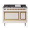 ILVE Nostalgie II Noblesse 48-Inch Freestanding Natural Gas Dual Fuel Range with Solid Door Oven in Antique White with Brass Trim (UN48FQNMPAWG)